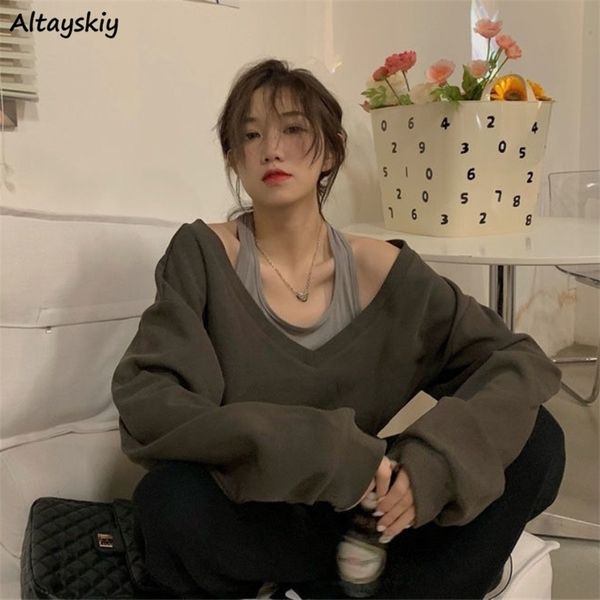 Sonbahar sweatshirt kadınlar harajuku şık ins sahte iki parçalı sokak gençleri dış giyim allmatch seksi uzun kollu kırpılmış kıyafetler 220818