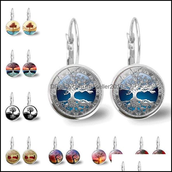 Charme Árvore da Vida Sier Brincos de Moda France Cabochon Glass For Women Earhook Jewelry Drop Deliver