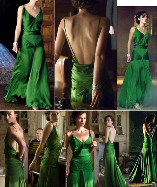 Abito da sera verde smeraldo di Keira Knightley in abito da ballo a pieghe senza schienale con spaghetti sexy vintage in chiffon di seta espiazione