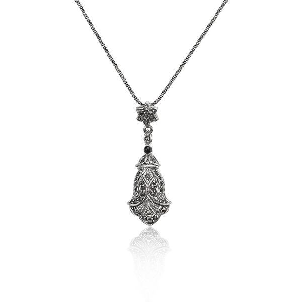 925 Silver Small Bell Marcasite Colares de pingente para homens Moda Jóias de ágata redonda preta para acessórios de festa