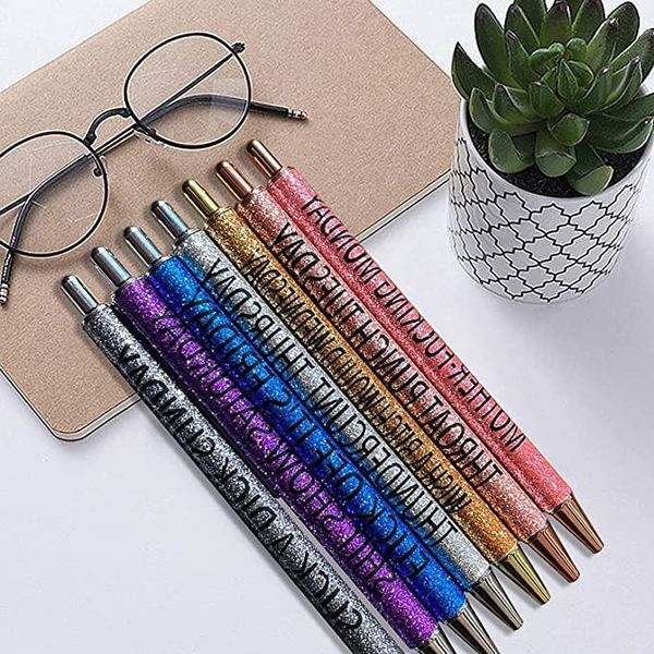 7 Stück lustige Stifte, Milchstift-Set, wöchentliche Wörter, Druck, 7 Farben, Stimmung, glatt, Epoxidharz, glitzerndes Schreibwerkzeug, Geschenkset für Damen, einziehbares Briefpapier