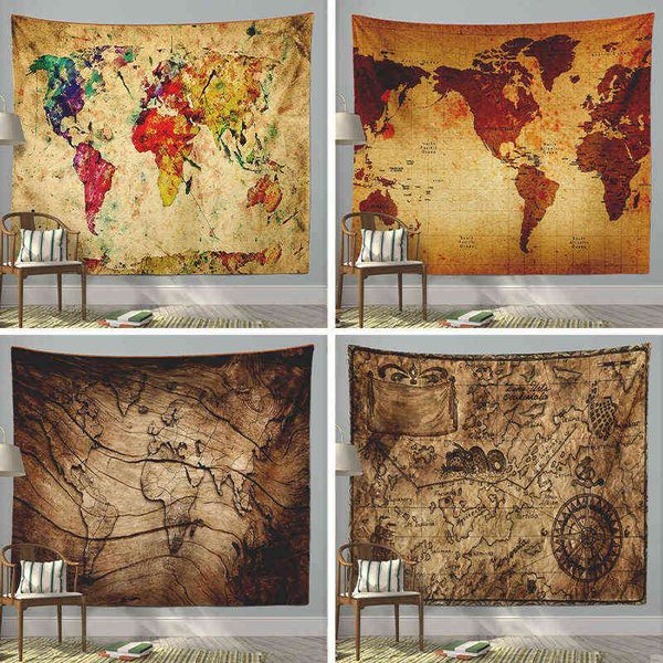 Mapa retrô mundial pendurado tapeçarias de parede diy tapeçaria de tapeçaria de fundo de pano de pano decoração j220804