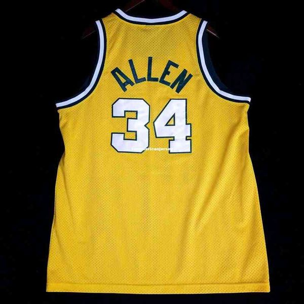 100% costurou Ray Allen #34 Costura costurada Jersey amarelo Kemp Mens Tamanho XS-6xl Camisas de basquete costuradas NCAA