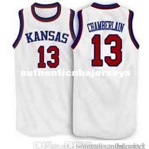 Factory Outlet # 13 Wilt Chamberlain Kansas Jayhawks College Maglia da basket Bianco Blu Ricamo cucito Maglie personalizzate personalizzate ves