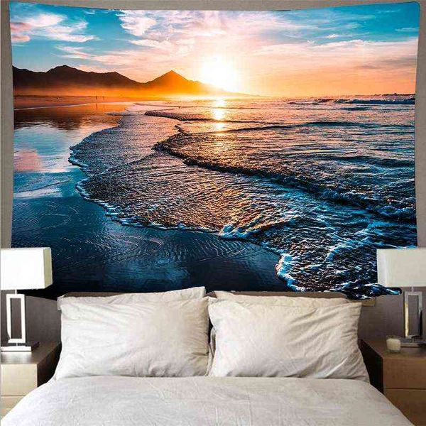 Tapetes pendurados de parede Sunset Tapestry Big Waves Beach Blue Ocean Ploth Cushion Blanket Decor Home Decor J220804