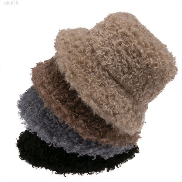 New Outdoor Warm Lamb Faux Fur Bucket Hat Black Solid Fluffy Fishing Cap Panama Bob Fisherman Gorros Donna Inverno 2021 Y220818