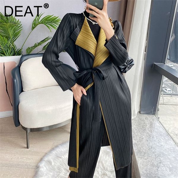 DEAT Frauen Plissee Windjacke Farbe Block Revers Volle Hülse Mit Schärpen High Street Stil Jacken Herbst Mode 15AK569 220818