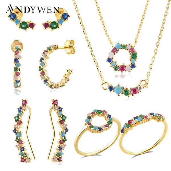 Bracciale rigido Designer Andywen Argento sterling 925 Arcobaleno Cz Primavera Angelique Sparkle Tutti Frutti Clip Orecchino a cerchio Anello Collare Set di gioielli