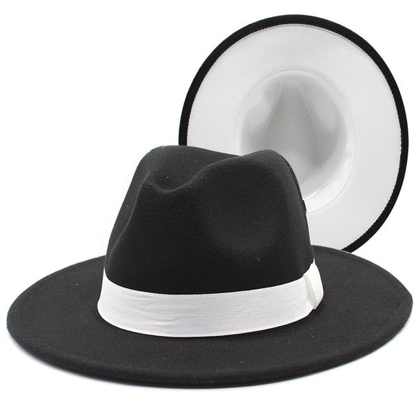 Berets Wide Brim Fedora Hat Men Winter Black Patchwork Hats For Women Ribbon Band Cap Classic Wedding Bowler Cowboy Jazz Top HatBerets Beret