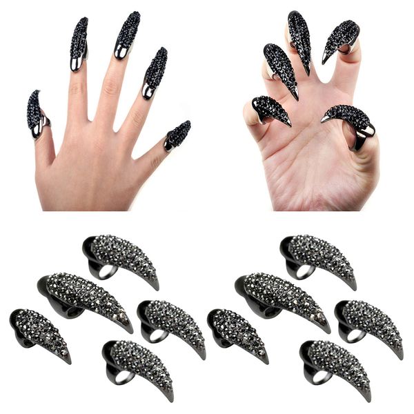 5 Stück Eagle Claw Ringe Vollschwarzer Kristall Falscher Nagel Talon Fingerring für Männer Frauen Knuckle Bend Fingerspitze Goldfarbe Punk Halloween Cosplay Party Gothic Schmuck