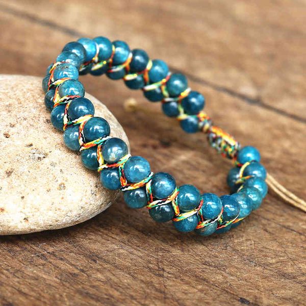 Designer 6mm Apatite Stone Beads Bracciale intrecciato Bracciale doppio strato Donna Uomo Gioielli fatti a mano Fascino del filo dell'amicizia