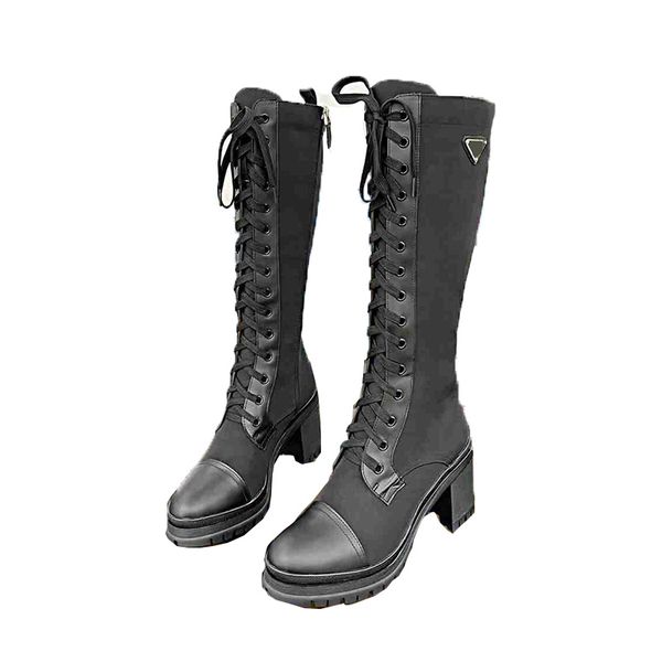 Winter Women Knee Boots High Boots Black Chunky Heels Lace Up Martin Booties Triangle Motorcycle Designer Bot for Woman