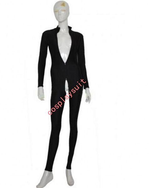 Black Catsuit Kostümler Unisex Tam Vücut SPANDEX Suit Unitard Taytlar Lycar Zentai Tage Cosplay Kostüm Tulum Ön 3 Yolcu Zipper, Kaput ve Eldivenler Olmadan Kıçdaş