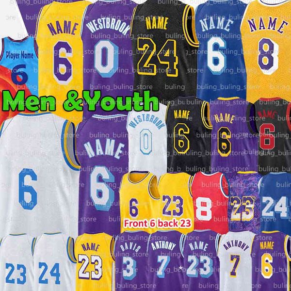 2022 Maglia da basket Russell Westbrook 23 6 Davis Carmelo Anthony Giallo Bianco Viola nero LBJ 3 7 0 75th Mamba Anniversary 23 22 Mens Kids Youth