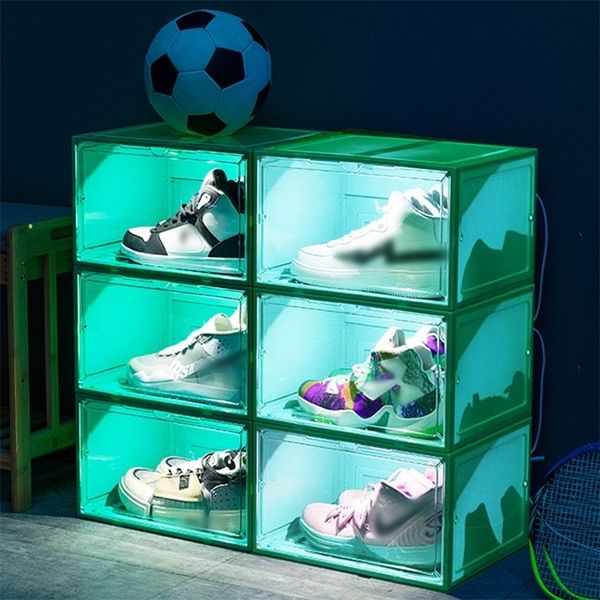 Scatole per scarpe Scatole per scarpe con controllo vocale LED Scatole per scarpe da ginnastica Lato magnetico aperto Vetrina per scarpe Organizer Contenitore per scarpe in plastica trasparente 220818