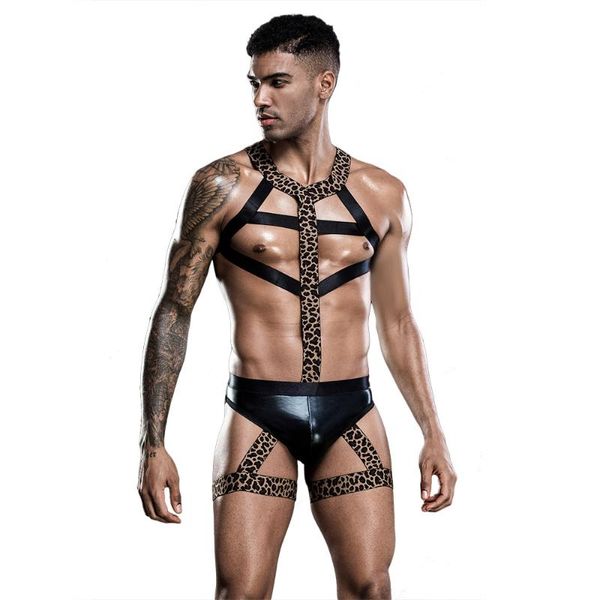 Herren-Strings, Leopardenmuster, Neckholder, elastischer Körper, Brustgeschirr, Shorts, sexy Bondage-Dessous-Set, Bühnenshow, Bar, Rave, Clubwear, Kosten