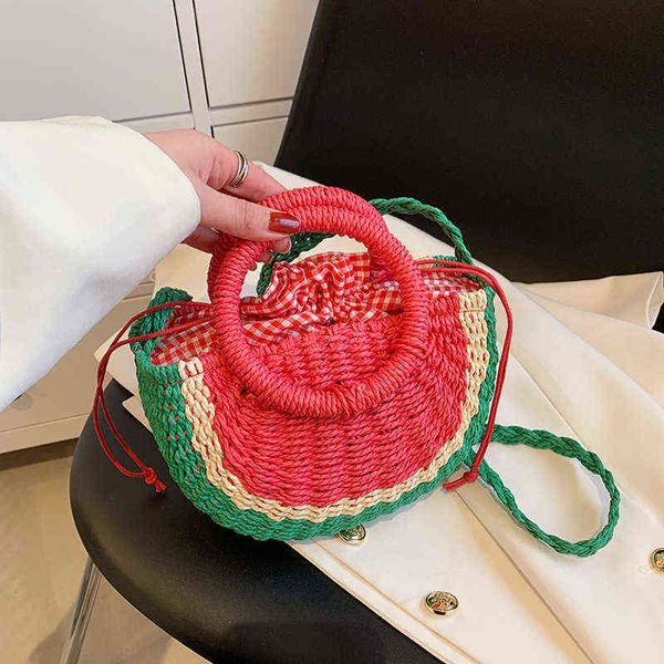 Geldbörsen Wassermelone Stroh gewebte Tasche Damen tragbarer Strandurlaub am Meer Schöner halbrunder Obst-Hand-Gemüsekorb Handtaschen