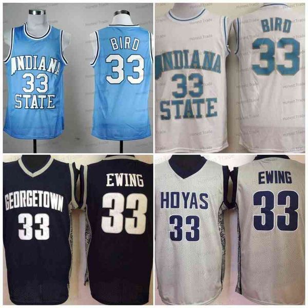 NCAA College Georgetown Hoyas Gray 33 Patrick Ewing Indiana State Sycamores 33 Larr Blue White Basketball Jersey Stitched