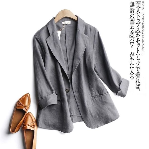 Костюм Blazer Basic Cotton Linen Three Cheting Single Button Женская куртка Spring Corean Fashion Casual Short Jackets Пелье 220818
