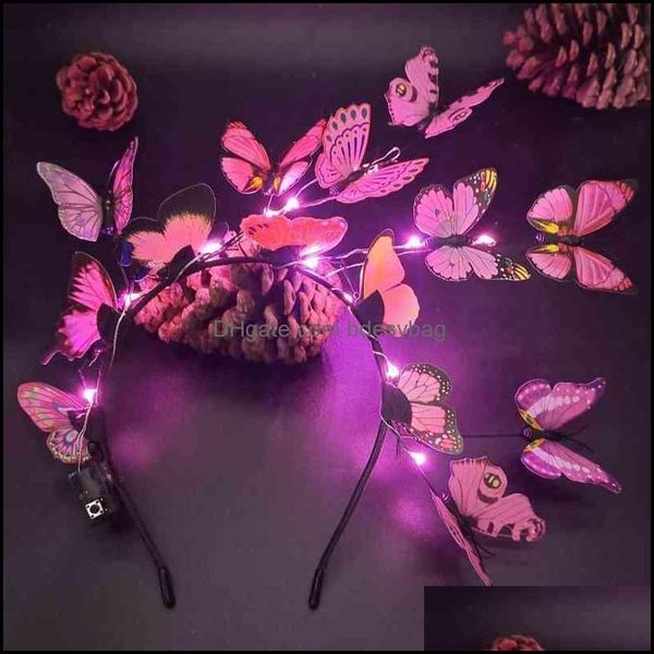 Ghirlande di fiori decorativi Led Glow Simation Rosa Blu Farfalla Fiore Ramo Natale Fascia Copricapo Festa Decorati Bdesybag Dhx0F