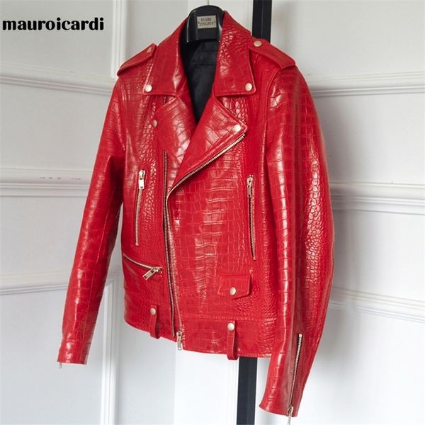 Mauroicardi Spring Red Pattern Padr￣o Faux Casaco de Biker de Couro Faux Zipper PLATA Designer de Tamanho Men Roupas 4xl 5xl 220816