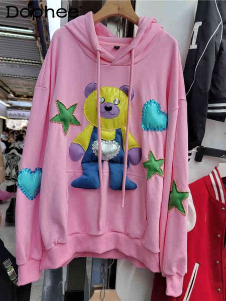 2022 herbst Neue Nette Cartoon Bär Gedruckt Sweatshirt Frauen Leerlauf Stil Bestickt Mid-länge Lose Übergroße Pullover Mantel