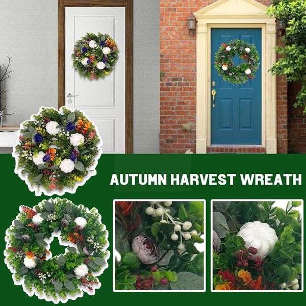 Dekorative Blumenkränze Herbst weiße Kürbisse Ranunkeln Kranz DIY Herbstkürbis für Zuhause Haustür Fenster Party Gartendekoration A3q