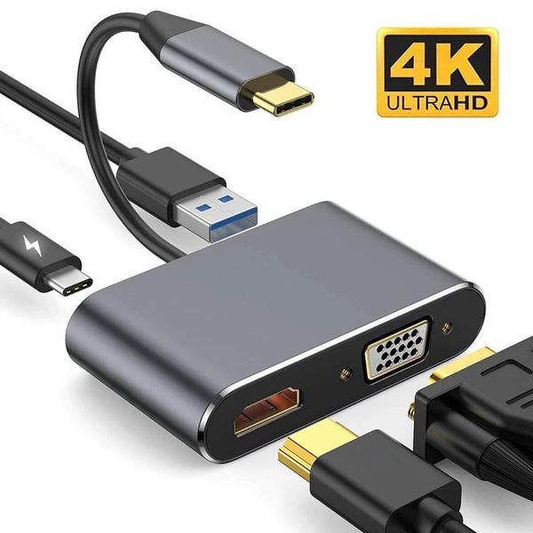 4K Tipo C para HDMI Compatível VGA USB 3.0 Converter 4 em 1 USB C Estação de dock CUBO Adaptador USB para telefone MacBook laptop