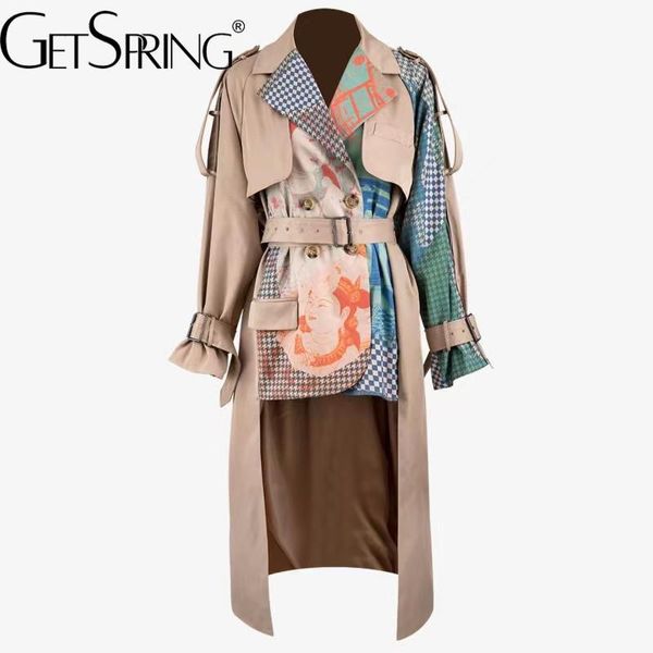 YuerWang Trench da donna Cappotto asimmetrico Orlo lungo con stampa Manica monopetto Giacca a vento Donna Top Autunno Inverno 220818