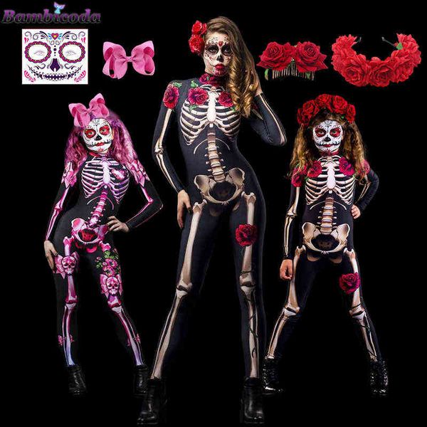 Взрослые сексуальные женщины страшные костюмы призрака розовый скелет Хэллоуин Сексуальные дьявол -комбинезон Детский детский девочка карнавальная вечеринка День мертвых Y220819