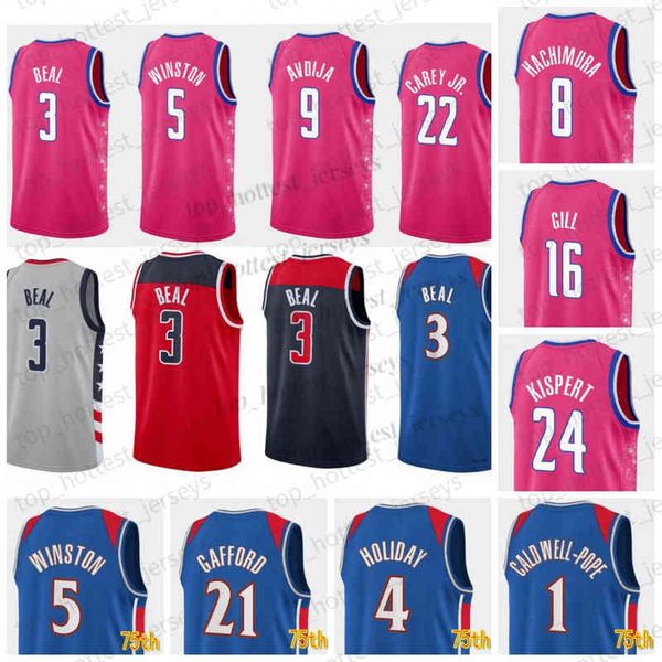 Basılı 75. 3 Beal Vernon Carey Jr Kyle 33 Daniel Gafford Taslak Jersey Caldwel Papa Yeni Pembe Kırmızı Mavi Gri Basketbol Formaları Erkekler T-Shirt