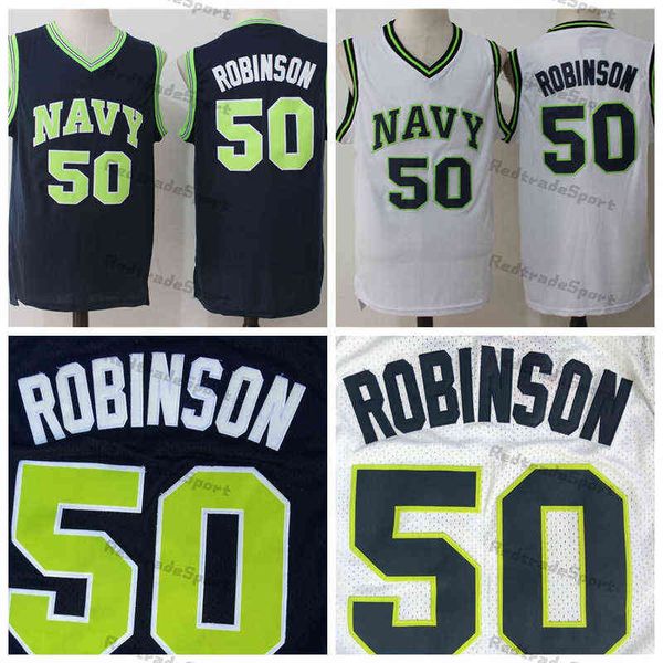 Erkekler Vintage NCAA David Robinson 50 Basketbol Formaları Amiral Deniz Harp Academy Donanma Midshipmen Usna Koleji Mavi Beyaz Dikiş S-X