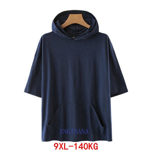 Herren T-Shirts Große 9XL 140kg Herren Kapuzen T-Shirt Plus Größe 7XL 8XL Sommer Kurzarm Rundhals Baumwolle Schwarz Grau Blau Sweatshirt T