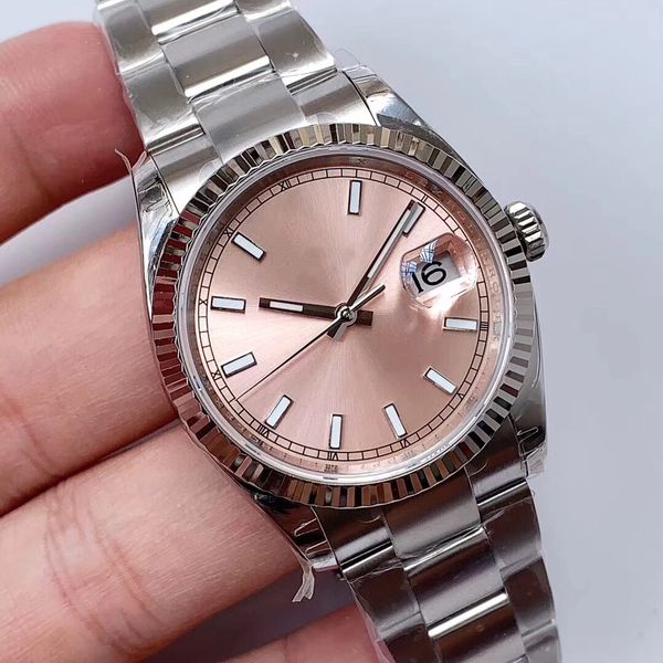 SW Женские и мужские часы с розовым циферблатом 36 мм, светящийся винт в водонепроницаемой системе, устойчивый к царапинам, синий кристалл, увеличительный календарь, нержавеющая сталь, автомат