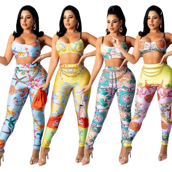 Pontas de duas peças de duas peças estampares jogadoras mulheres conjuntos de pistas de moda 2022 Clube de férias de verão Roupfits Sexy Crop Top e Leggings peças