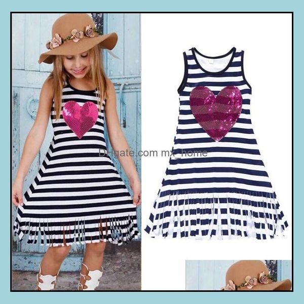 Vestidos de meninas Vestido de bebê listra de bebê lantejoulas com borlas com o coração mangas com colete de colar