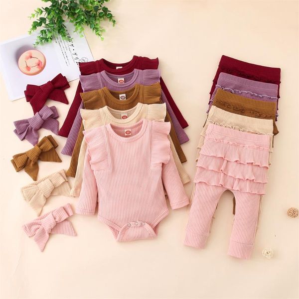 Conjuntos de roupas para bebês meninas, conjunto de roupas com babados, manga comprida, macacão, camiseta, calças plissadas, roupas infantis para o outono.