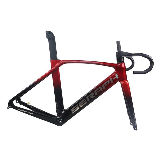 Telaio per bici da strada con freno a disco con cavo interno sfumato nero e rosso TT-X34 con logo argento in fibra di carbonio T1000