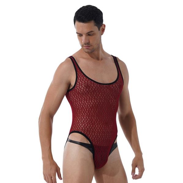 Erkekler G-Strings Erkekler See-Through Meat Bodysuit Egzotik Teddies Seksi iç çamaşırı Yuvarlak Boyun Kolsuz Güreş Singlet Atletik Şeytan Nightwe