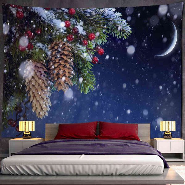 Cielo notturno Luna luminosa Albero di Natale Tappeto Appeso a parete Tapiz Hippie Scena di neve Venatura del legno Decorazioni per la casa psichedelica J220804