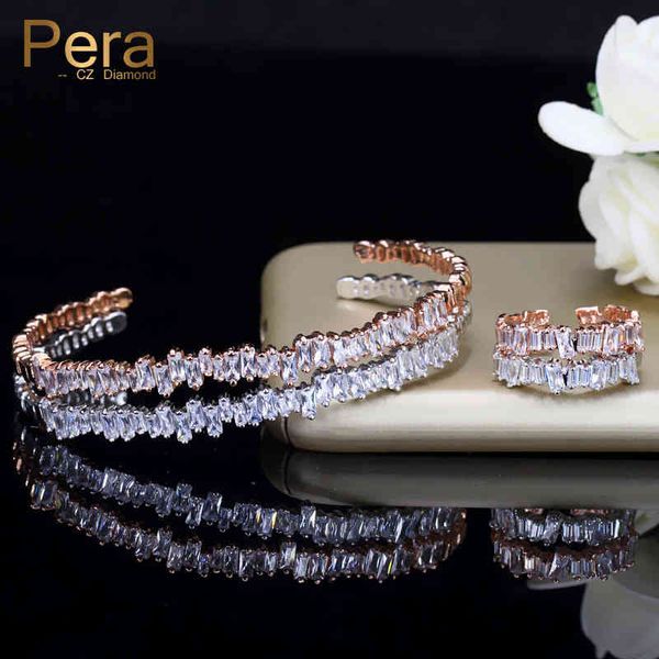 Дизайнер браслетов Pera Luxury Women Prom Part Party Accessory Accessory Big Baguette Cubic Zirconia Регулируемый браслет и кольцо для лучшего друга Z015