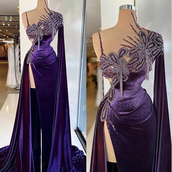 Mor kadife deniz kızı gece elbisesi couture şeffaf boyun boncuk dantel balo elbisesi robe de soiree yan bölünmüş dubai resmi giyim