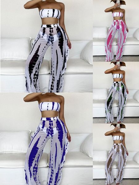 Costume da bagno da donna Costume da bagno a tre pezzi stile europeo e americano con top a tubo sexy a righe in rete Falbala