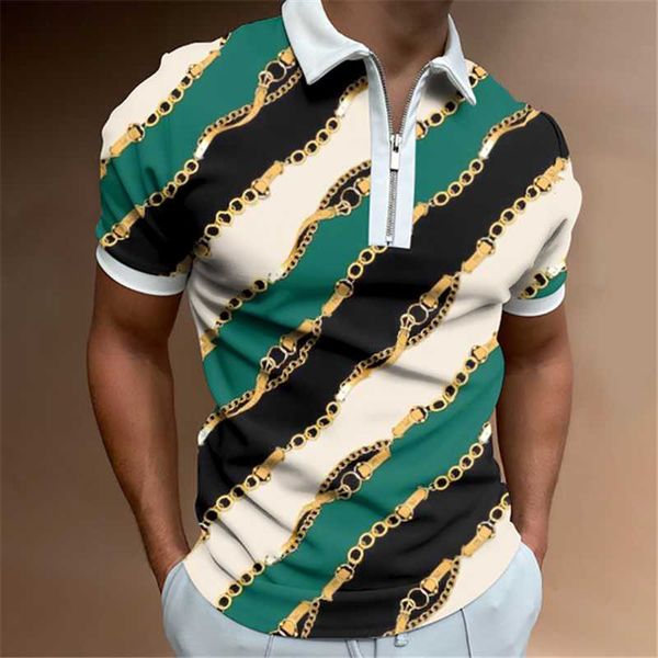 Herren Polos Gold Chain Racing Volltonfarben 3D All Over Bedrucktes Reißverschlusshemd Sommer Streetwear Casual Kurzarm Hipster HerrenbekleidungHerren