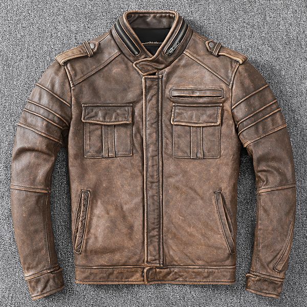 Erkekler Cowhide Ceket Erkek Orijinal Deri Ceket Vintage Stil Man Motosiklet Biker Giysileri Kalın Buzak Hakkında Gerçek Öğrenci Katlar 220819