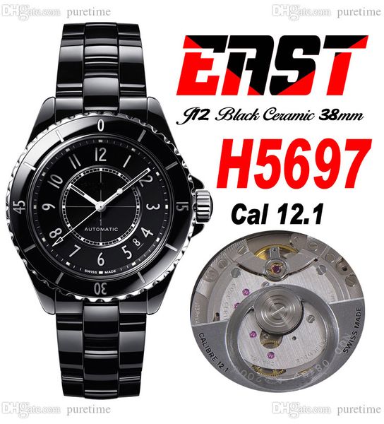 EAST J13 38mm H5697 A12.1 Orologio automatico da donna unisex Corea Ceramica quadrante nero Indicatori numerici bianchi Bracciale in ceramica Super Edition Orologi da donna Puretime