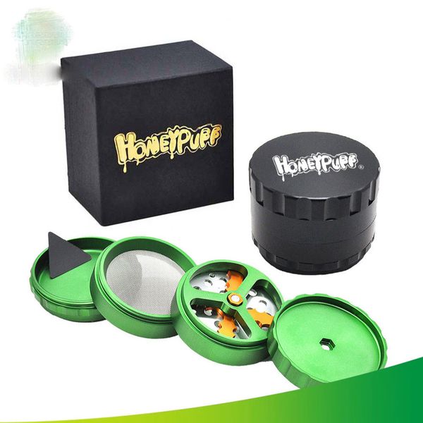 Metal Metal Honeypuff Tobacco Herb Grinders com caixa de presente Alumínio de 63 mm4 Acessórios para fumantes de camada
