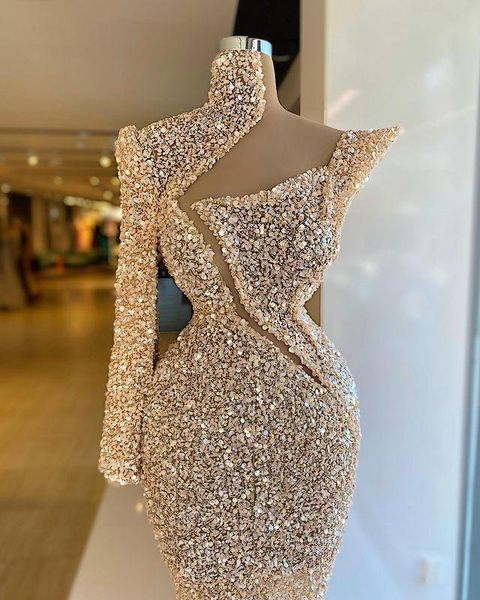 Luxuriöses arabisches Champagner-Abschlussballkleid mit Perlenstickerei und Pailletten, ein Schulter-Abendkleid, nach Maß, Stehkragen, Mermiad-Damenformelles Promi-Partykleid