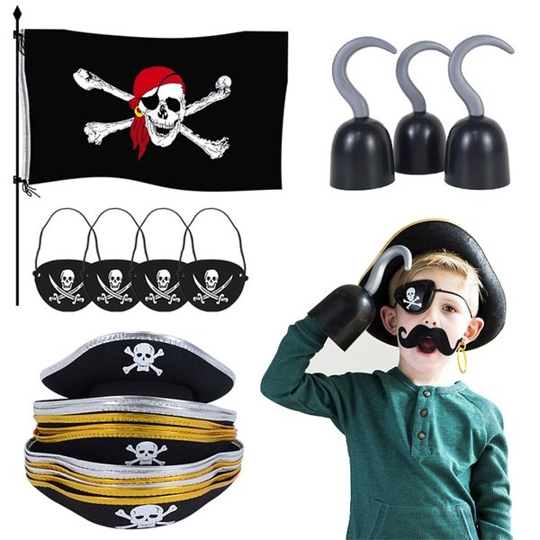 Adereços de fantasia de Capitão Pirata Cosplay Chapéu Gancho Mão Bandeira Balões para Halloween Crianças Festa de Aniversário Suprimentos 220819