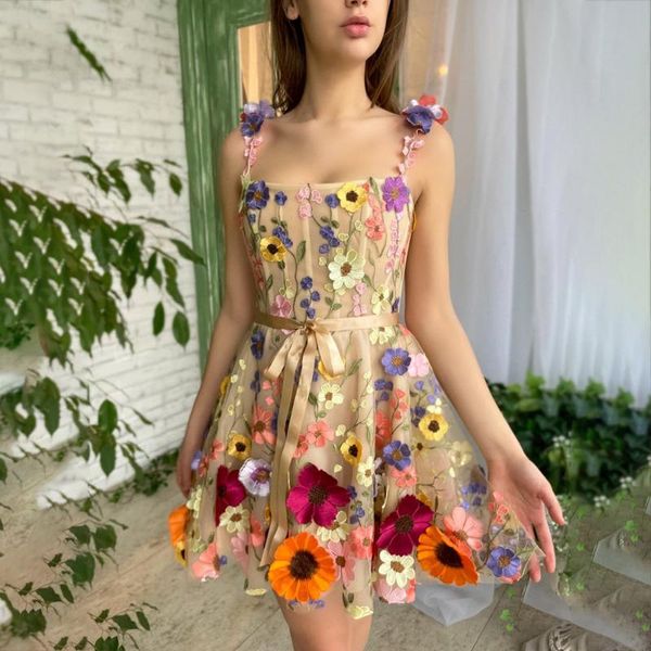 Vestidos de festa Laxsesu Super Mini Floral Prom Dress 3D Fluxs Strapas